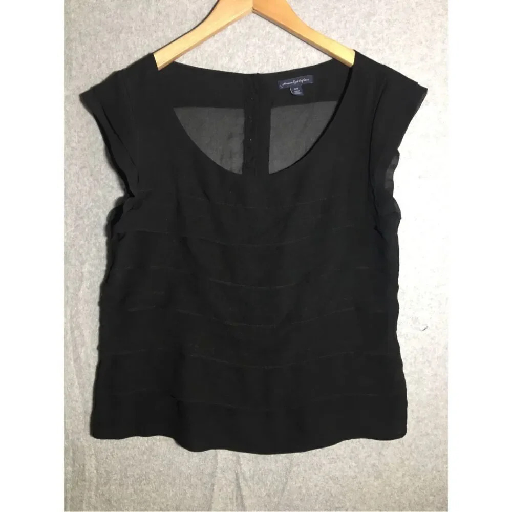 Womens American Eagle Blouse Tiered Mesh Black Business Casual Work Career